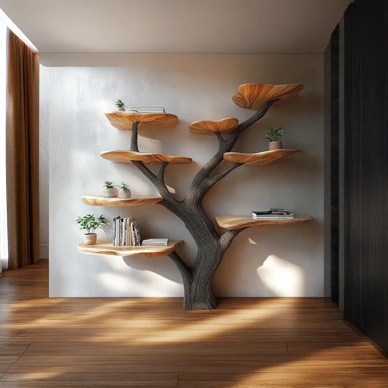 Spry Interior Rustic Mushroom Tree Bookshelf, Solid Wood Wall Mounted Display Shelf for Bedroom & Study, Floating Bookcase - SINLSATB455