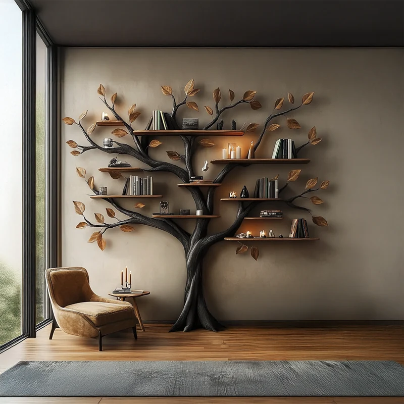 Spry Interior Rustic Halloween Tree Bookshelf, Gothic Style Wood Floating Branch Wall Display Shelf for Cozy Bedroom Decor SINLSATB461
