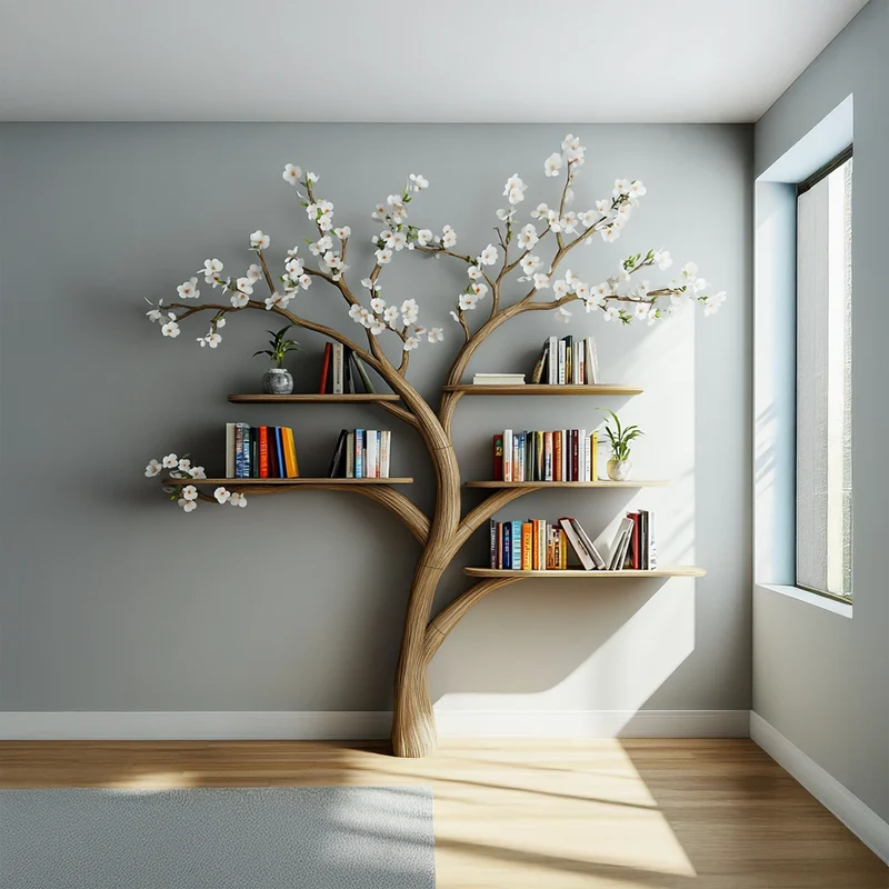 Spry Interior Rustic Tree Wall Bookshelf, Handcrafted Wooden Branch Floating Shelf & Flower Display Rack for Living Room SINLSATB460