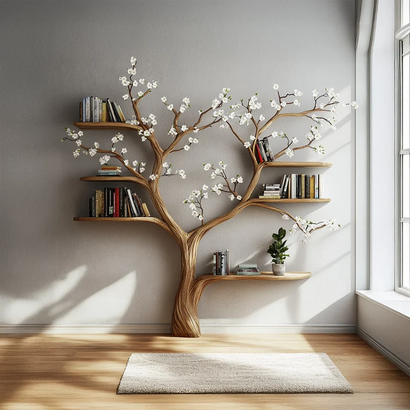 Spry Interior Rustic Flowering Tree Wood Bookshelf, Handcrafted Branch Bookcase Organizer & Decorative Shelf for Living Room SINLSATB459