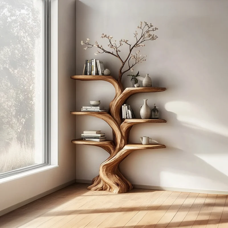 Spry Interior Rustic Wall Mounted Tree Shelf, Wooden Floating Branch Bookshelf & Cozy Decorative Display Rack for Living Room SINLKITB466