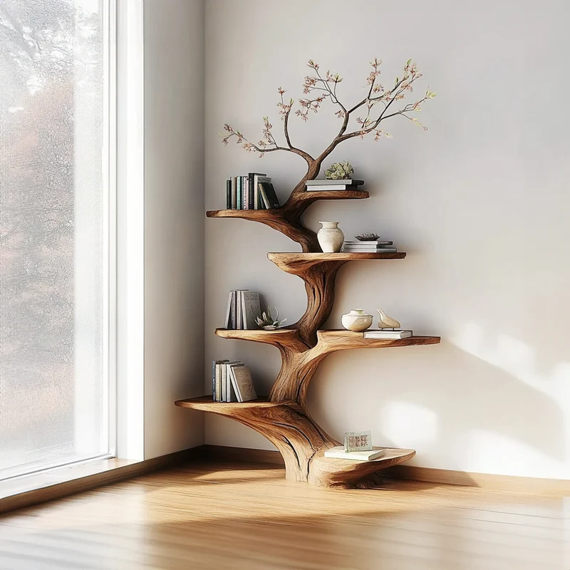 Spry Interior Rustic Statement Tree Shaped Shelf, Handcrafted Wood Branch Bookshelf & Artistic Wall Display for Living Room SINLKITB465