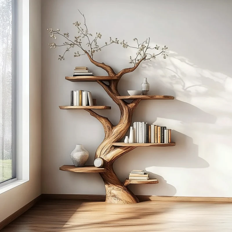 Spry Interior Rustic Artistic Tree Shaped Wooden Bookshelf, Handcrafted Branch Bookcase Organizer for Bedroom, Living Room SINLKITB464