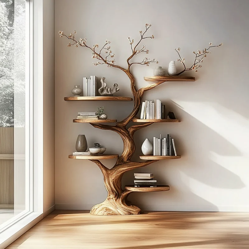 Spry Interior Rustic Tree Display Shelf, Handcrafted Wood Branch Bookshelf & Artistic Wall Storage Unit for Living Room, Bedroom SINLKITB463