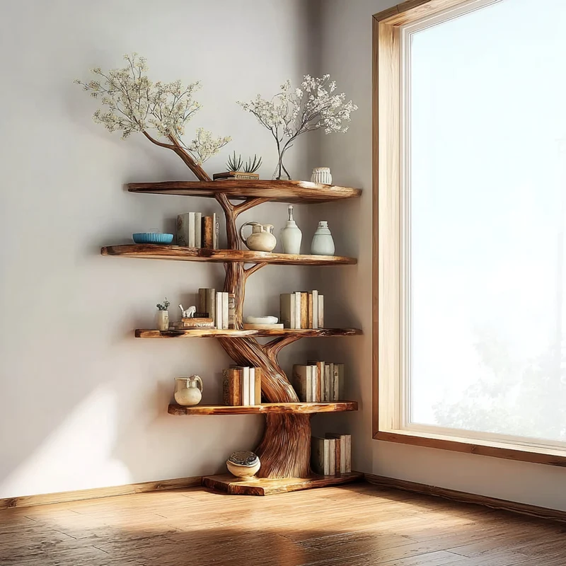 Spry Interior Rustic Corner Display Shelf, Wooden Branch Floating Wall Organizer & Artistic Storage Unit for Living Room, Bedroom SINLKITB470