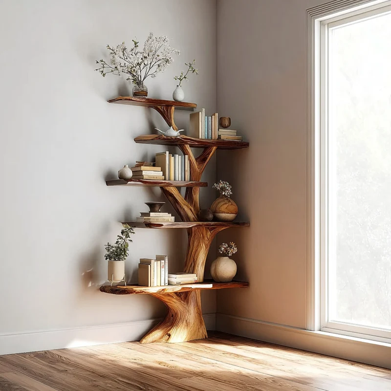 Spry Interior Rustic Artistic Corner Display Shelf, Handcrafted Wood Floating Branch Wall Shelf Organizer for Living Room Decor SINLKITB469