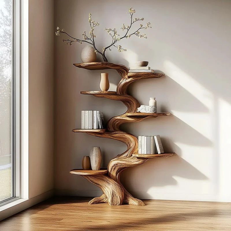 Spry Interior Rustic Tree Inspired Wooden Wall Shelf, Floating Branch Bookshelf & Storage Organizer Rack for Home Office Decor SINLKITB468