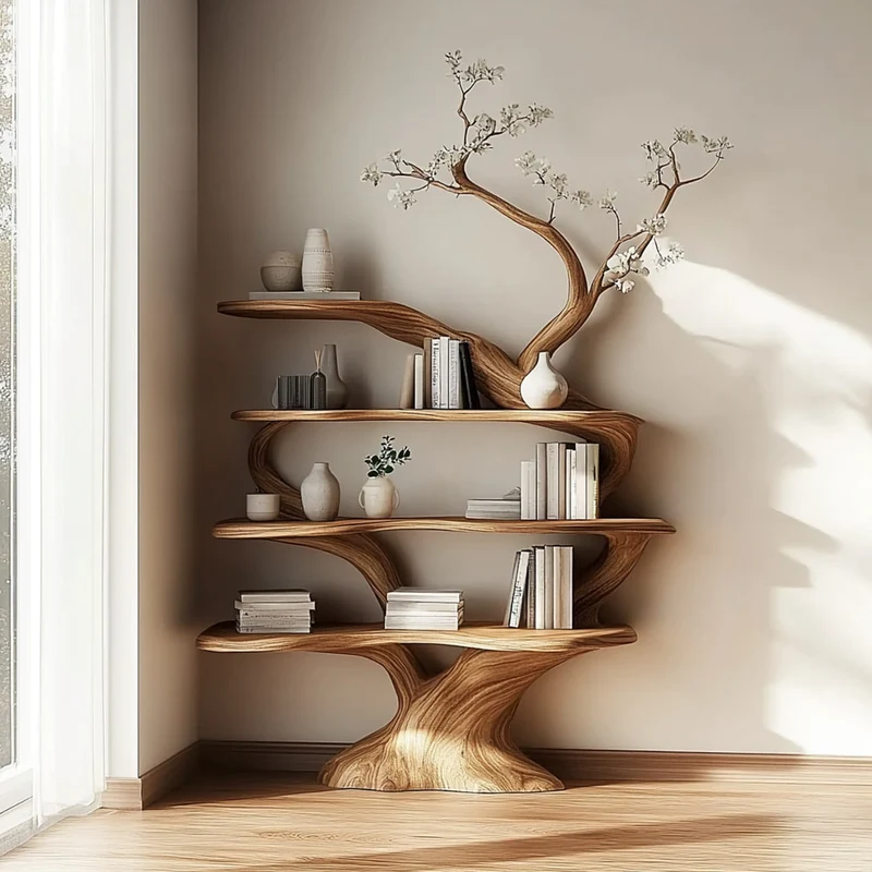 Spry Interior Rustic Unique Tree Shaped Wood Bookshelf, Large Handcrafted Branch Bookcase & Storage Organizer for Living Room SINLKITB467
