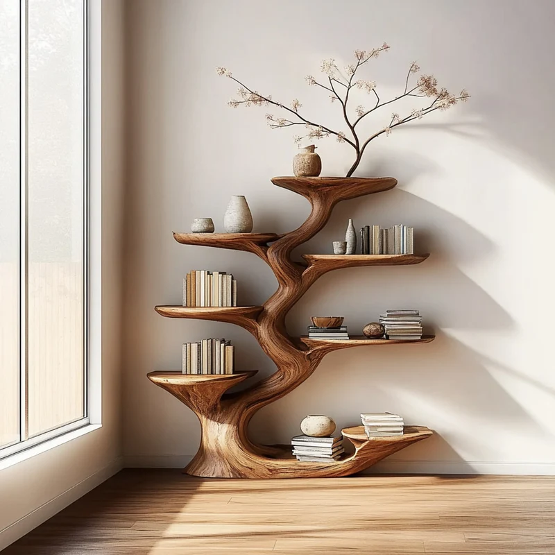 Spry Interior Handcrafted Rustic Sculptural Tree Bookshelf, Wooden Branch Bookcase & Artistic Display Storage Rack for Living Room SINLKITB474