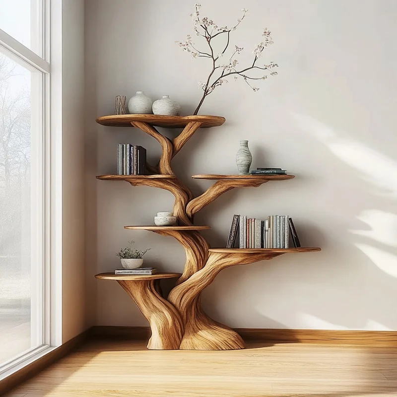 Spry Interior Rustic Unique Tree Wood Bookshelf, Handcrafted Branch Bookcase & Cozy Storage Organizer for Bedroom Reading Nook SINLKITB473