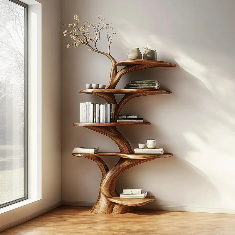Spry Interior Rustic Tree Display Shelf, Handcrafted Wooden Branch Bookshelf & Cozy Storage Organizer for Living Room Home Decor SINLKITB472