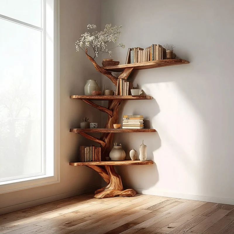 Spry Interior Handcrafted Rustic Corner Floating Shelf, Wooden Branch Storage Organizer & Artistic Wall Display for Cozy Living Room SINLKITB471