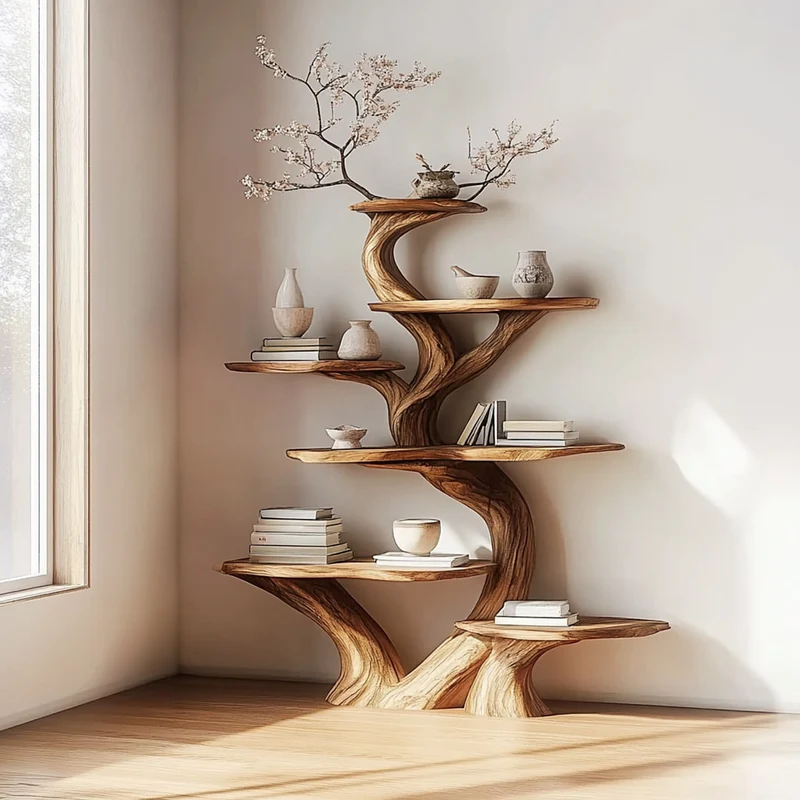Spry Interior Rustic Unique Tree Shaped Wood Bookshelf, Handcrafted Branch Bookcase & Decorative Storage Unit for Living Room SINLKITB478