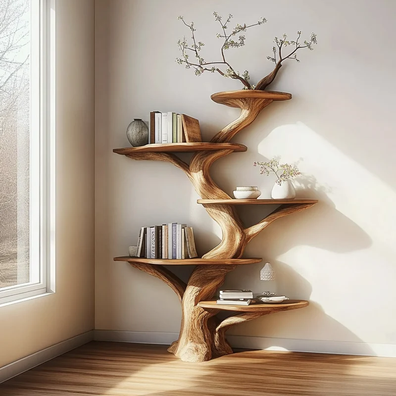 Spry Interior Rustic Tree Wood Bookshelf, Freestanding Branch Bookcase & Storage Organizer for Bedroom, Study Room Furniture SINLKITB476