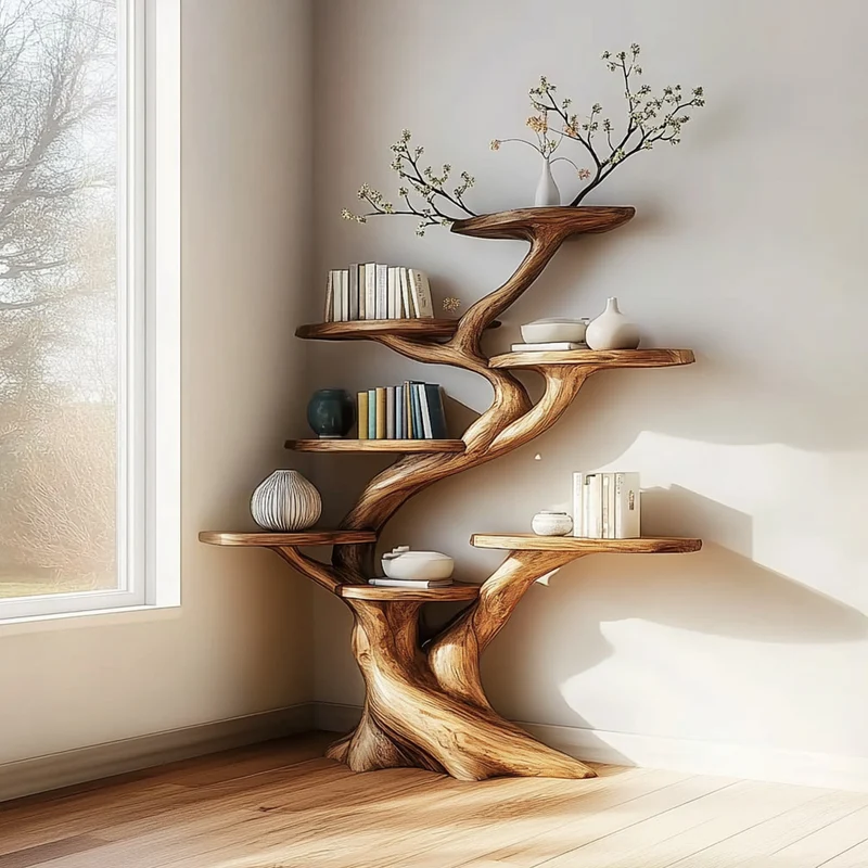 Spry Interior Rustic Artistic Tree Shaped Shelf, Handcrafted Wood Branch Bookshelf & Storage Rack for Modern Home Office Decor SINLKITB475