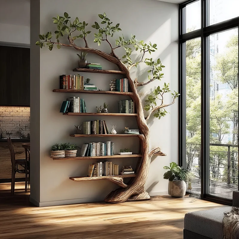 Spry Interior Rustic Tree Wall Unit, Handcrafted Wooden Branch Shelf & Floating Bookshelf for Living Room, Dining Room Decor SINLKITB480