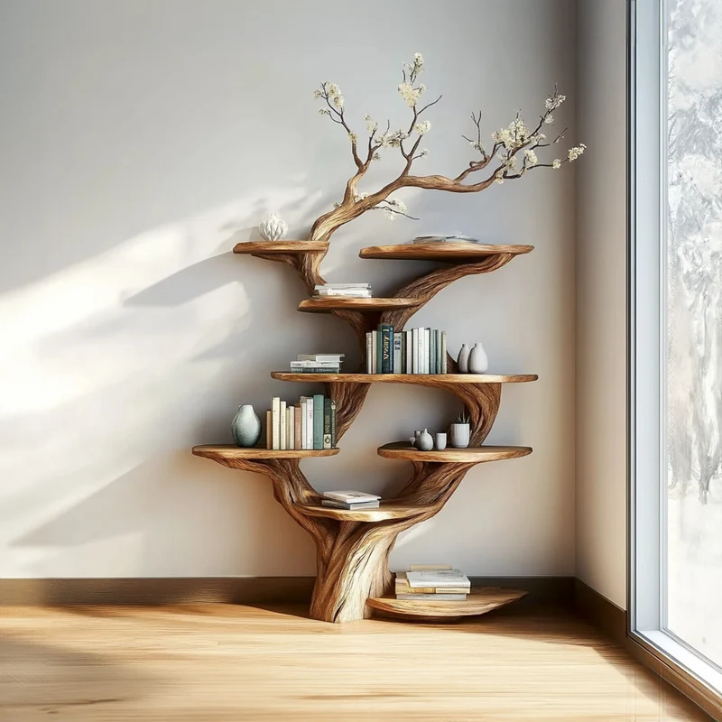 Spry Interior Rustic Tree Display Shelf, Handcrafted Wooden Branch Bookshelf & Cozy Storage Organizer for Living Room, Bedroom SINLKITB479