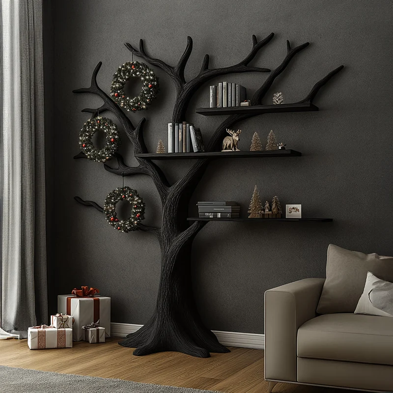 Spry Interior Rustic Tree Shaped Wooden Wall Shelf, Branch Floating Bookshelf Organizer for Study Room Christmas Holiday Decor SINLKITB486