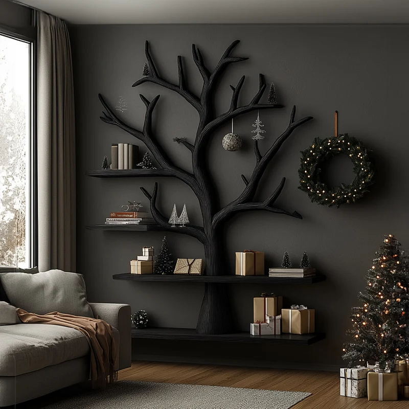Spry Interior Rustic Tree Shaped Wooden Bookshelf, Freestanding Branch Bookcase Storage Organizer for Living Room Christmas Decor SINLKITB485