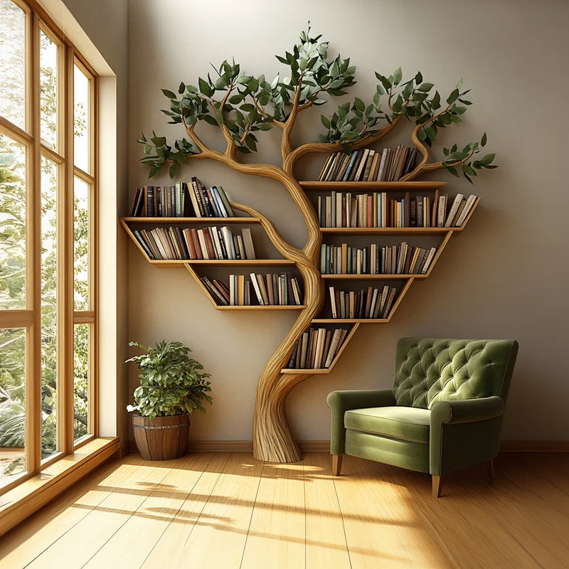Spry Interior Rustic Tree Inspired Wooden Bookshelf, Artistic Freestanding Branch Bookcase & Decorative Display Shelf for Living Room SINLKITB483