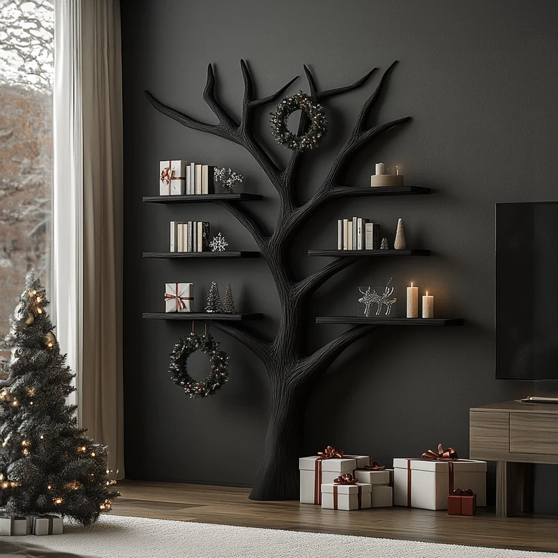 Spry Interior Rustic Tree Wood Wall Shelf, Floating Branch Bookshelf & Display Rack for Living Room Christmas Holiday Wall Decor SINLKITB490