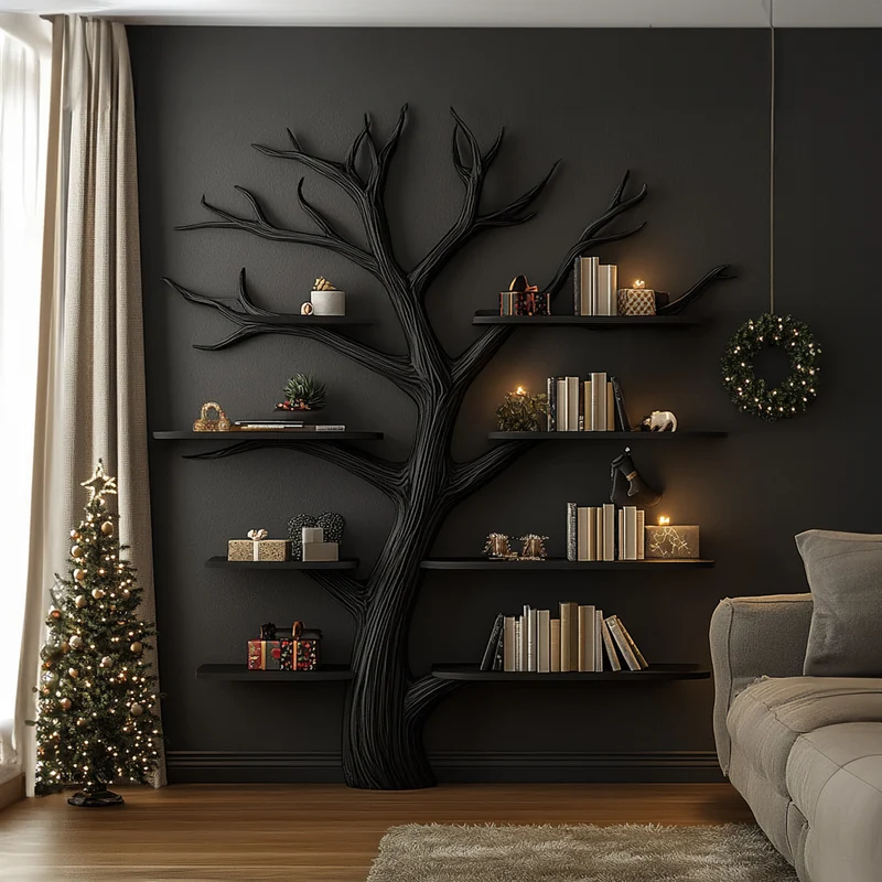 Spry Interior Rustic Tree Wall Bookshelf, Wooden Branch Floating Shelf for Living Room Christmas, Halloween Modern Home Decor SINLKITB489