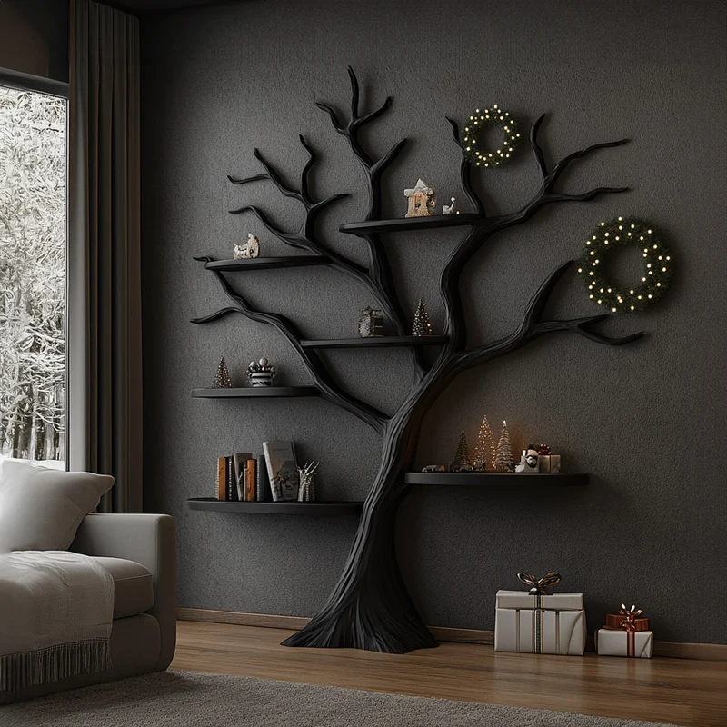 Spry Interior Rustic Dark Wood Tree Bookshelf, Branch Bookcase & Storage Rack Organizer for Home Office Seasonal Holiday Decor SINLKITB488