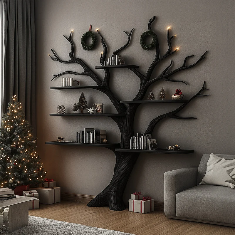 Spry Interior Rustic Tree Shaped Wood Bookshelf, Branch Bookcase & Holiday Display Shelf for Dining Room Christmas Home Decor SINLKITB493