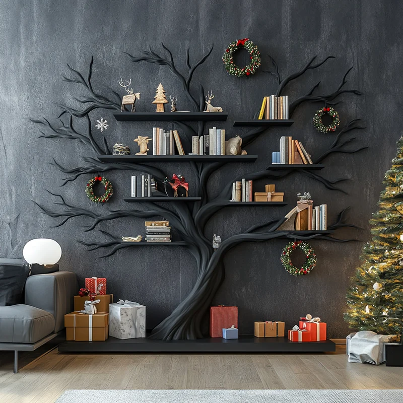 Spry Interior Rustic Artistic Tree Shaped Wooden Bookshelf, Creative Branch Bookcase & Christmas Display Rack for Living Room SINLKITB492