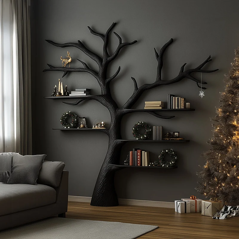 Spry Interior Rustic Tree Inspired Wood Bookshelf, Unique Branch Bookcase Organizer for Christmas & Halloween Holiday Home Decor SINLKITB491