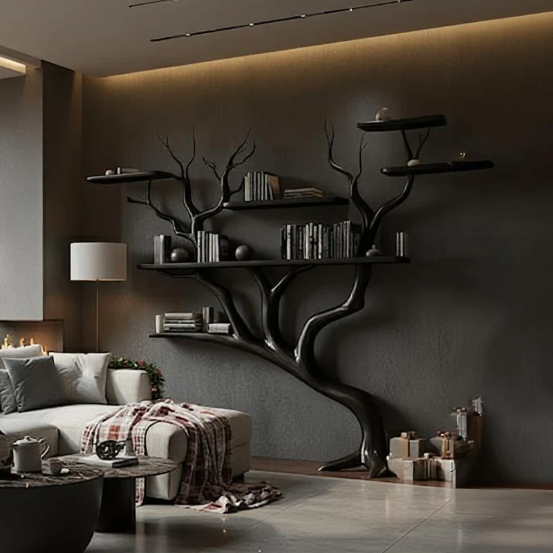 Spry Interior Rustic Dark Wood Tree Bookshelf, Freestanding Branch Bookcase Storage Rack for Living Room Christmas Seasonal Decor SINLKITB498