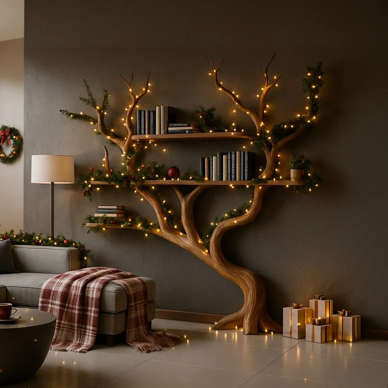 Spry Interior Rustic Tree Shaped Wall Shelf, Wooden Floating Branch Bookcase & Display Rack for Bedroom Christmas Holiday Decor SINLKITB497