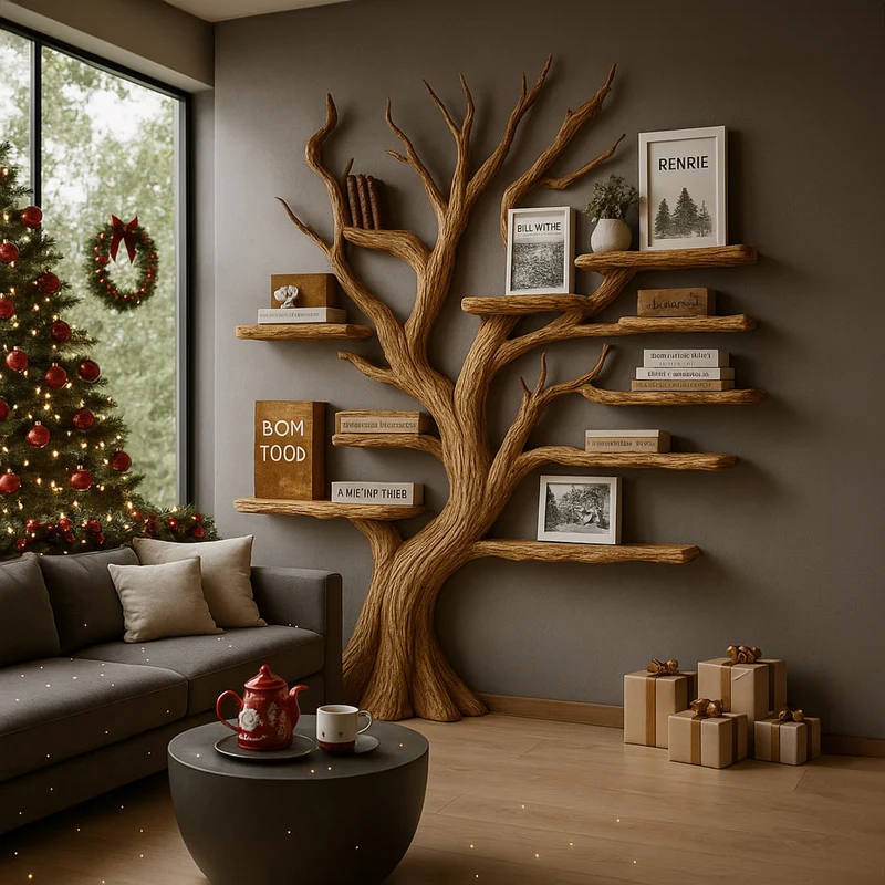 Spry Interior Rustic Wooden Christmas Tree Bookshelf, Freestanding Branch Bookcase & Decorative Storage Rack for Cozy Living Room SINLKITB496