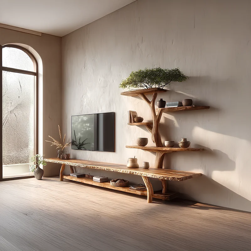 Spry Interior Custom TV Shelf, Handmade Solid Wood Tree Wall Art Media Console, Wall Mounted Floating Entertainment Center & Gift - SINLSATB235