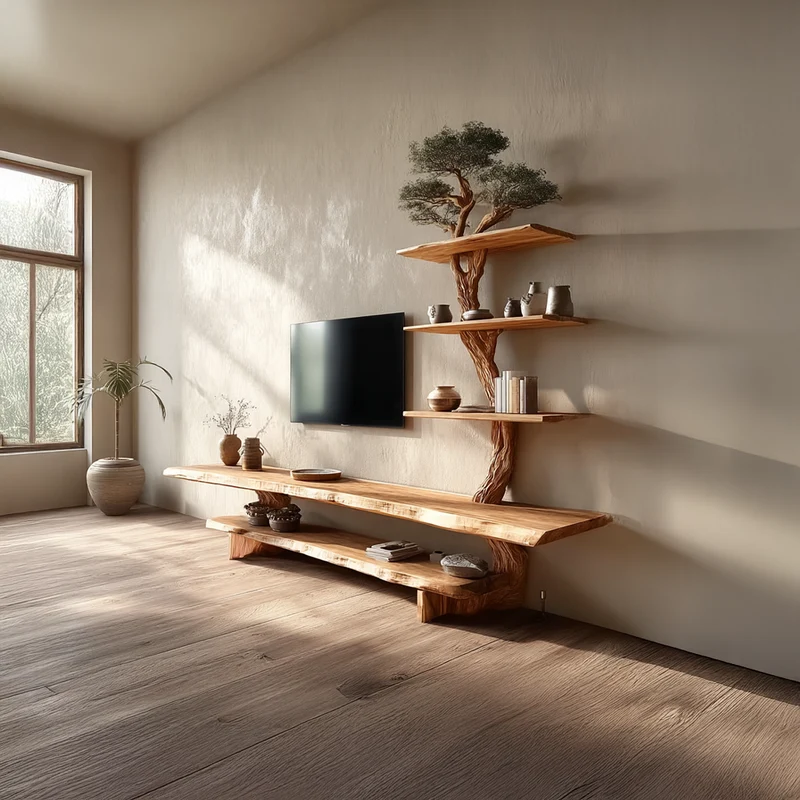Spry Interior Rustic TV Shelf, Handcrafted Solid Wood Tree Wall Art & Floating Media Entertainment Console for Cozy Living Room Decor - SINLSATB237