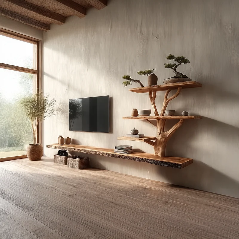 Spry Interior Custom TV Shelf, Solid Wood Tree Wall Art Media Console, Handcrafted Floating Entertainment Shelf, Unique New Home Gift - SINLSATB236