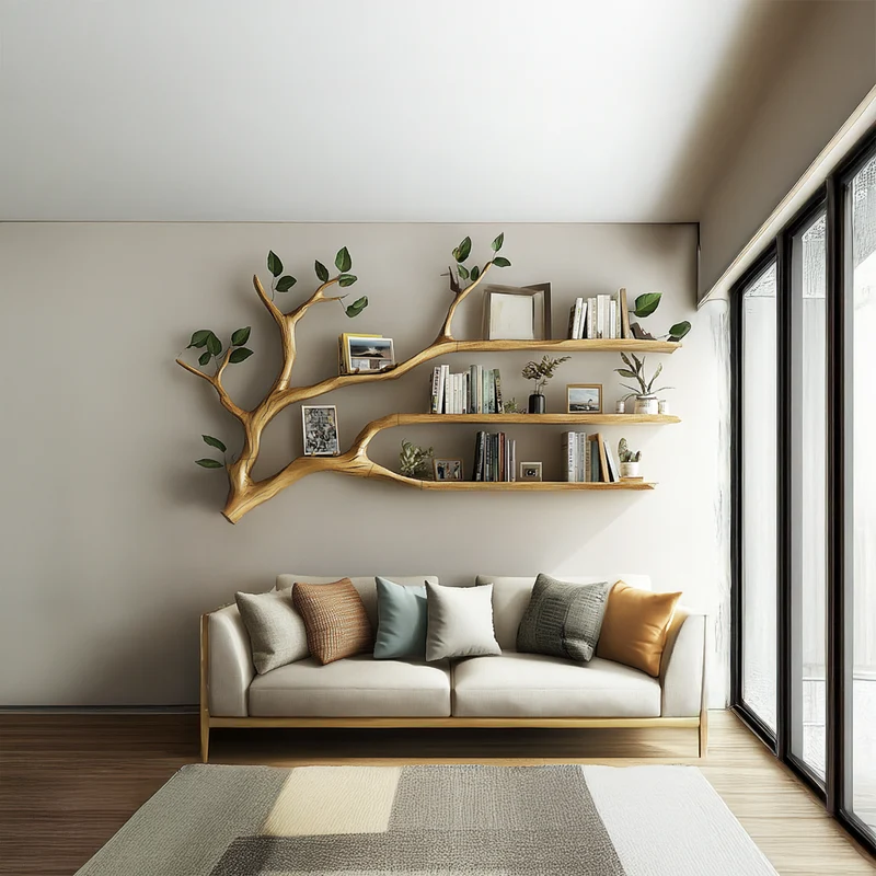 Spry Interior Rustic Wall Mounted Tree Bookshelf, Solid Wood Floating Bookcase & Artistic Hanging Organizer for Living Room, Bedroom - SINLSATBS032