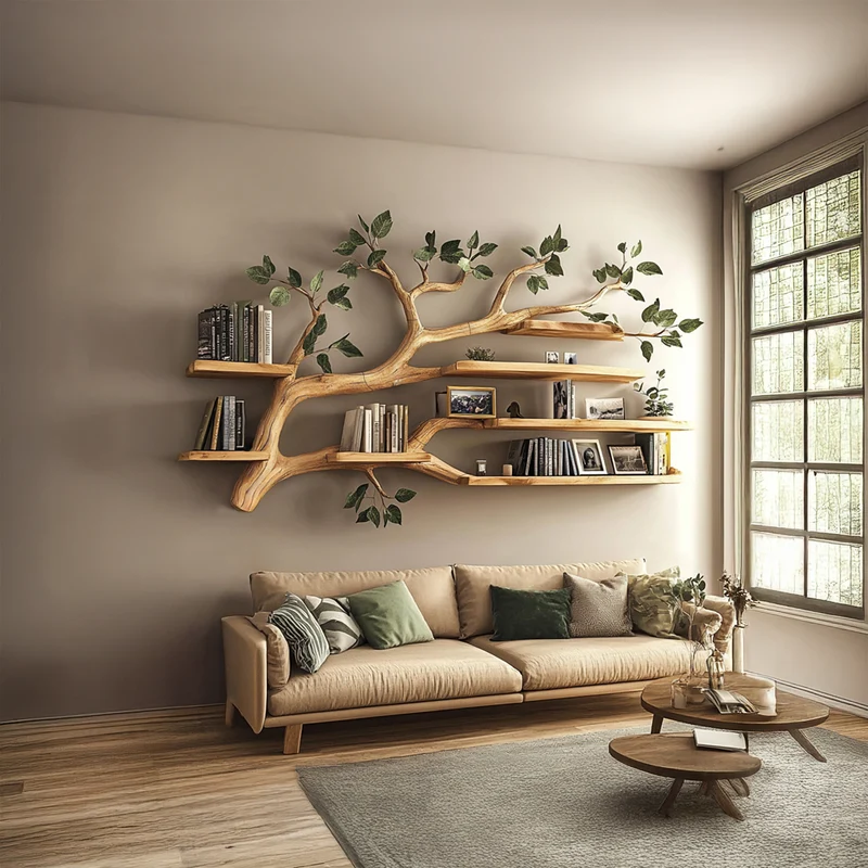 Spry Interior Rustic Tree Wall Shelf, Solid Wood Floating Bookcase & Hanging Organizer for Office Reading Corner & Living Room Decor - SINLSATBS033