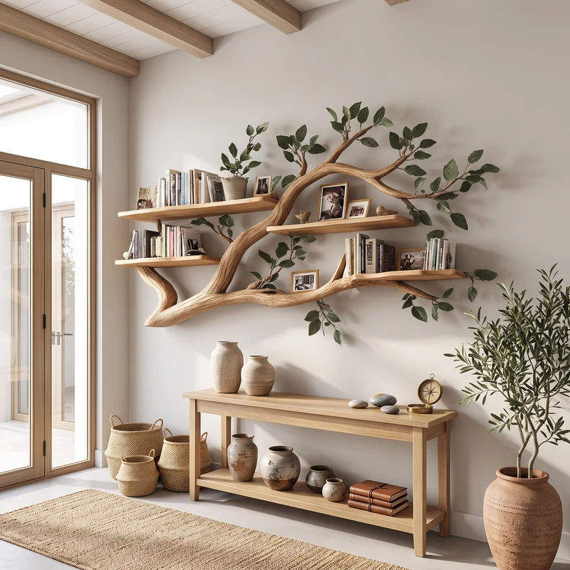 Spry Interior Rustic Wall Mounted Branch Bookshelf, Solid Wood Hanging Floating Bookcase & Decorative Display for Living Room Storage - SINLSATBS036
