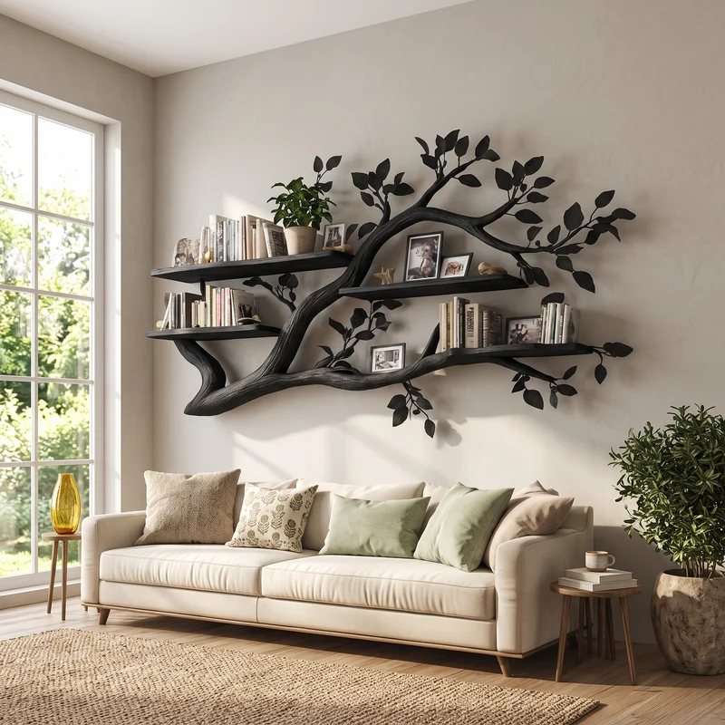 Spry Interior Rustic Wall Mounted Branch Bookshelf, Solid Wood Hanging Floating Bookcase & Decorative Display for Living Room Storage - SINLSATBS036