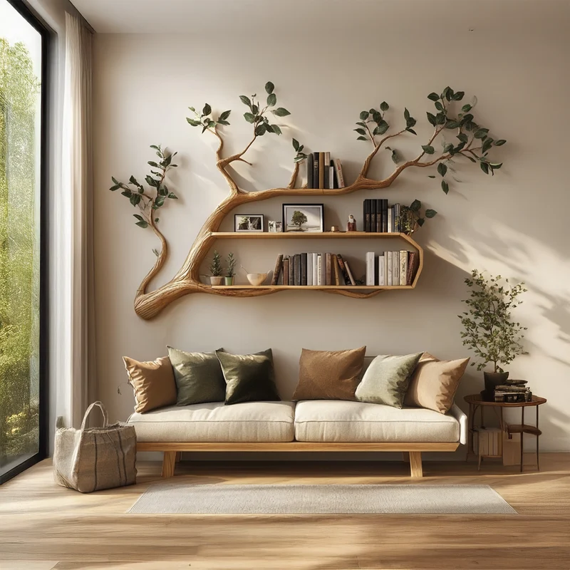 Spry Interior Rustic Branch Tree Bookshelf, Handcrafted Solid Wood Wall Mounted Bookcase & Modern Wall Decor for Living Room - SINLSATBS035
