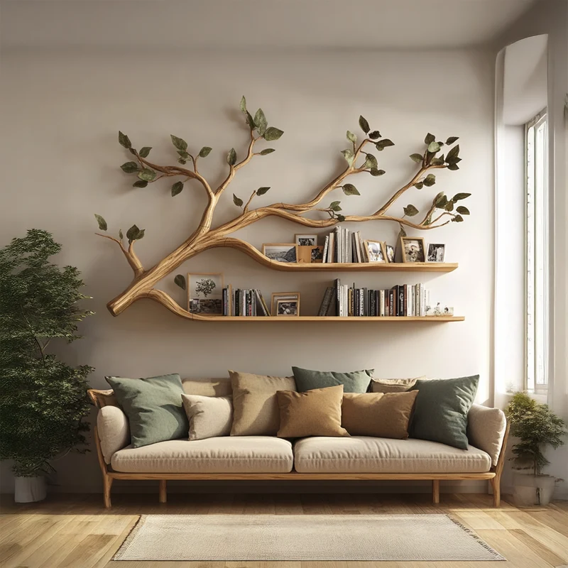 Spry Interior Rustic Artistic Tree Bookshelf, Solid Wood Wall Mounted Bookcase & Unique Floating Display Organizer for Living Room - SINLSATBS034