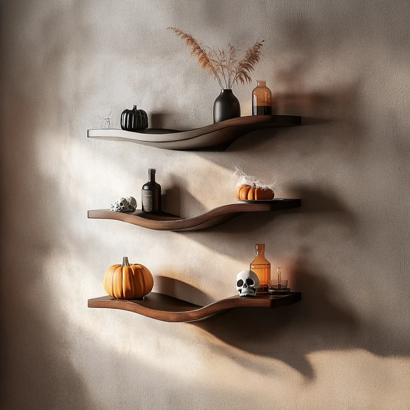 Spry Interior Mid Century Wavy Floating Shelf, Handcrafted Halloween Curved Wood Wall Mounted Display Shelf for Living Room SINLSAWV013