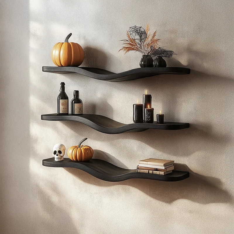 Spry Interior Mid Century Halloween Wavy Floating Shelf, Modern Solid Wood Curved Wall Shelf Organizer for Living Room Decor SINLSAWV017