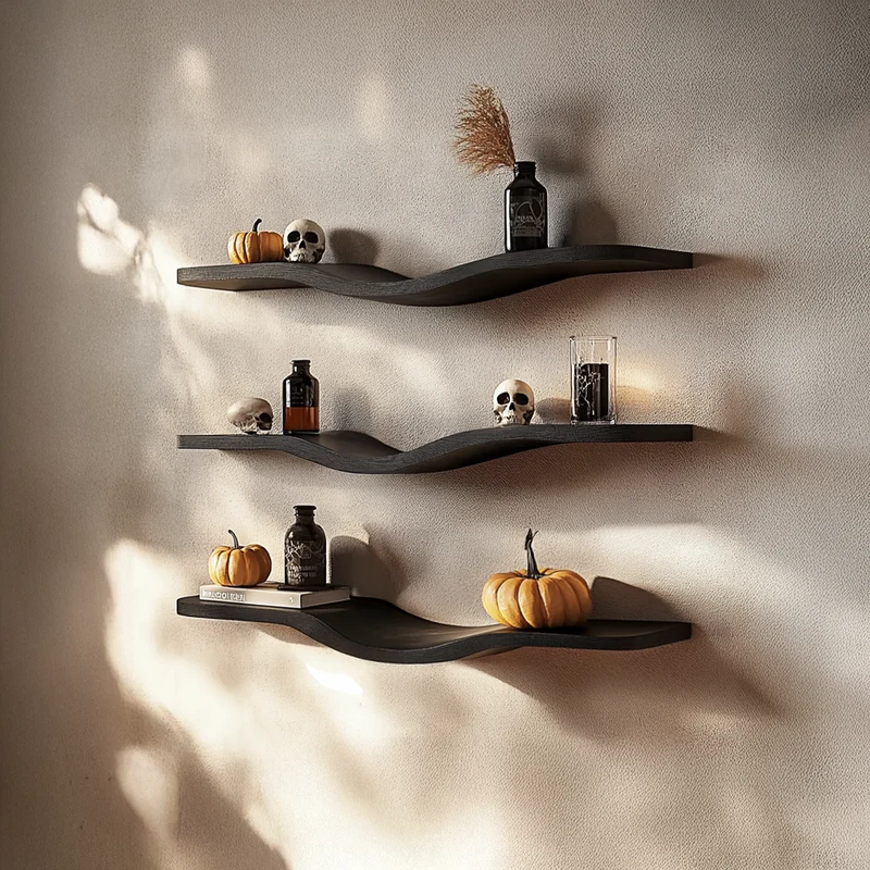 Spry Interior Mid Century Wavy Floating Shelf, Halloween Wall Mounted Curved Wood Display Organizer for Living Room Decor SINLSAWV016