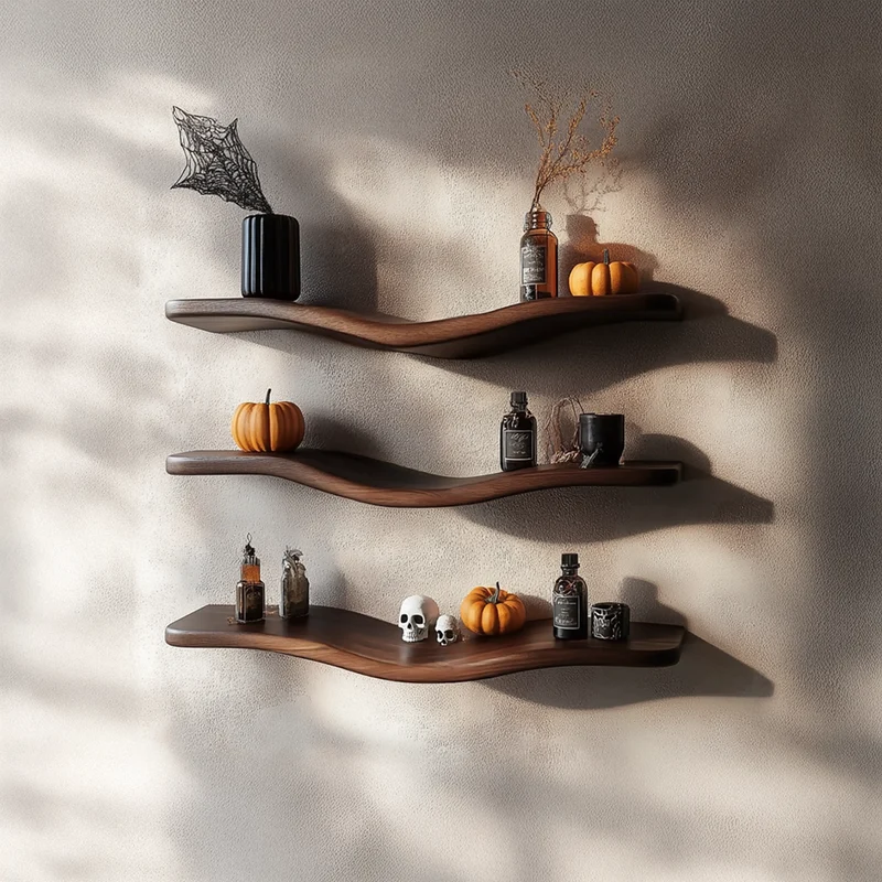 Spry Interior Mid Century Wavy Floating Wall Shelf, Halloween Accent Curved Wood Display Organizer for Modern Entryway SINLSAWV015
