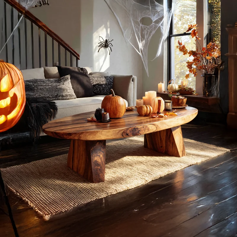 Spry Interior Farmhouse Live Edge Wood Coffee Table, Spooky Witchy Halloween Accent Center Table for Living Room Furniture Decor SILDTTNHCF019