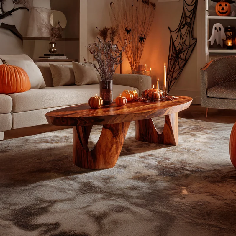 Spry Interior Farmhouse Wooden Live Edge Coffee Table, Spooky Halloween Decor Accent Center Table for Modern Living Room Furniture SILDTTNHCF012
