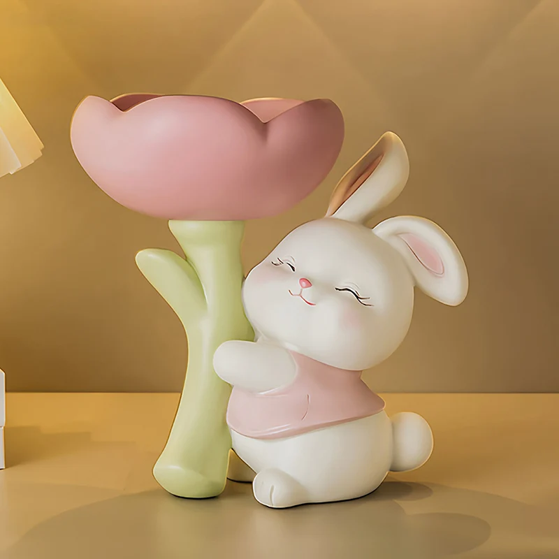 Contemporary Creative Resin Solid Wood Bunny Cat Table Decor With Jewelry Hanger For Living Room & Entryway