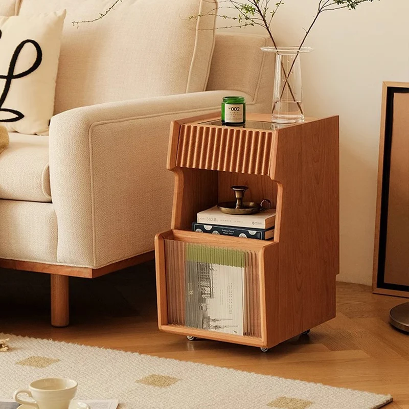 Traditional Japanese Cherry Wood Glass Square Movable Nightstand Drawer Storage Shelf For Bedroom